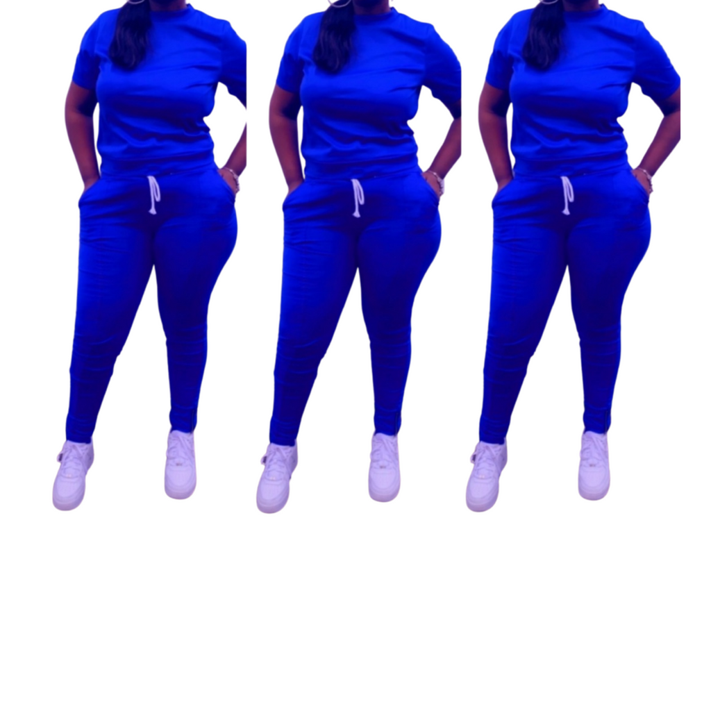 Women's 2-piece short sleeved high-waisted track suit w/ zippered leg-  Blue