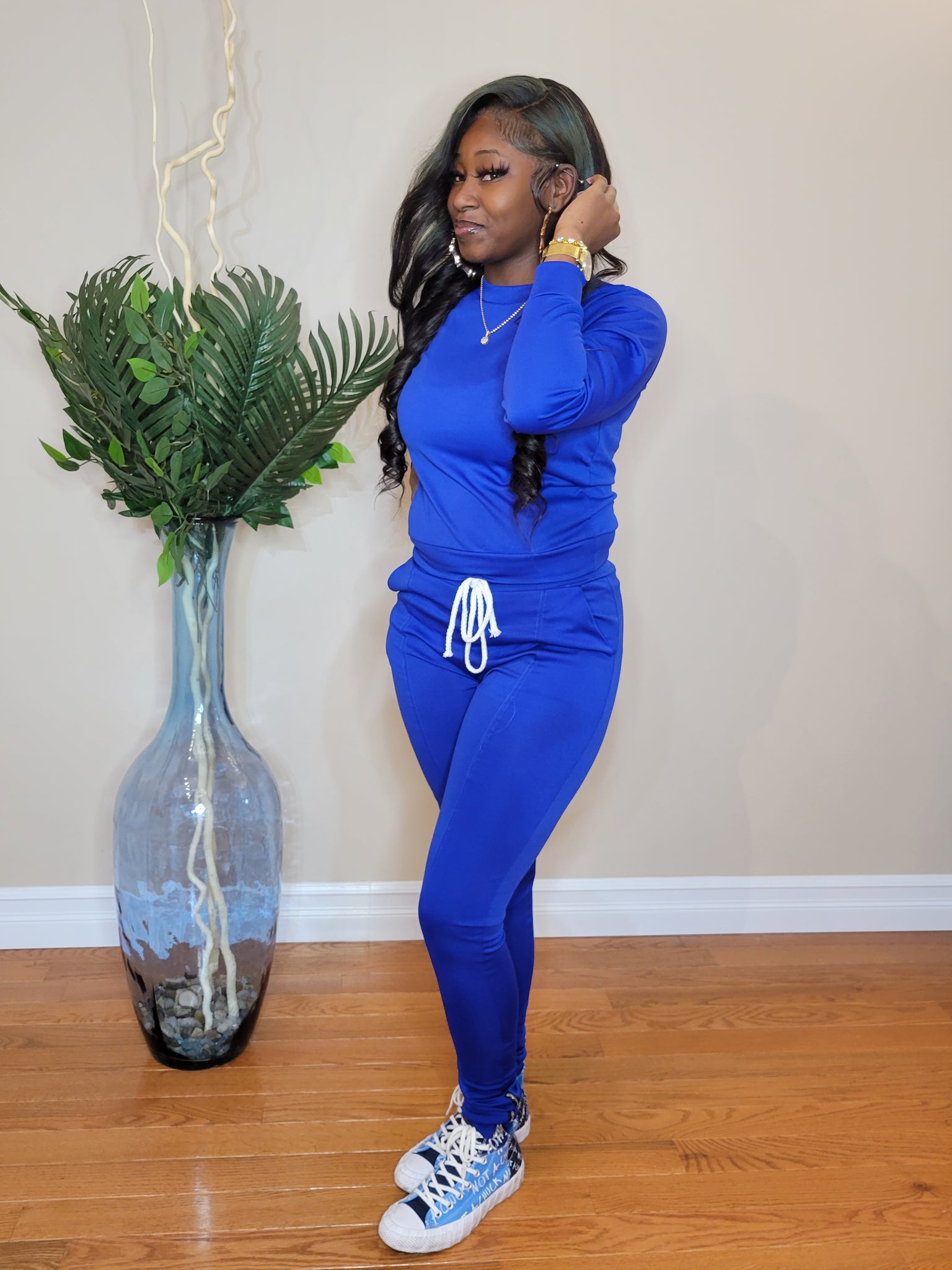 Women's 2-piece Crew Neck high waisted track suit w/ zippered leg long sleeve  (ROYAL BLUE)