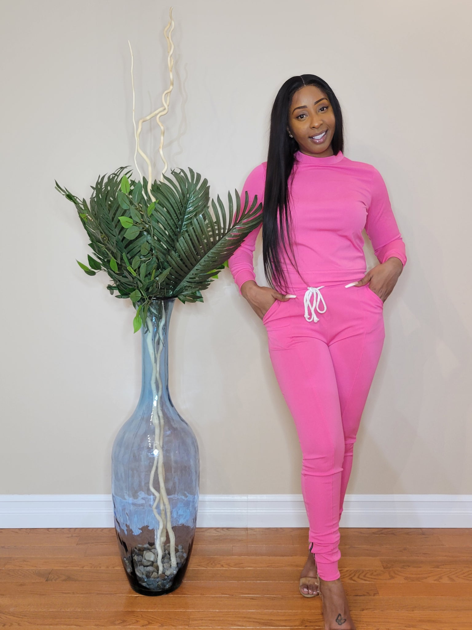 Women's 2-piece Crew Neck high waisted track suit w/ zippered leg long sleeve  (PINK)