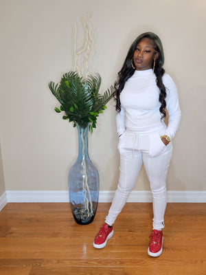 Women's 2-piece Crew Neck high waisted track suit w/ zippered leg long sleeve (white)