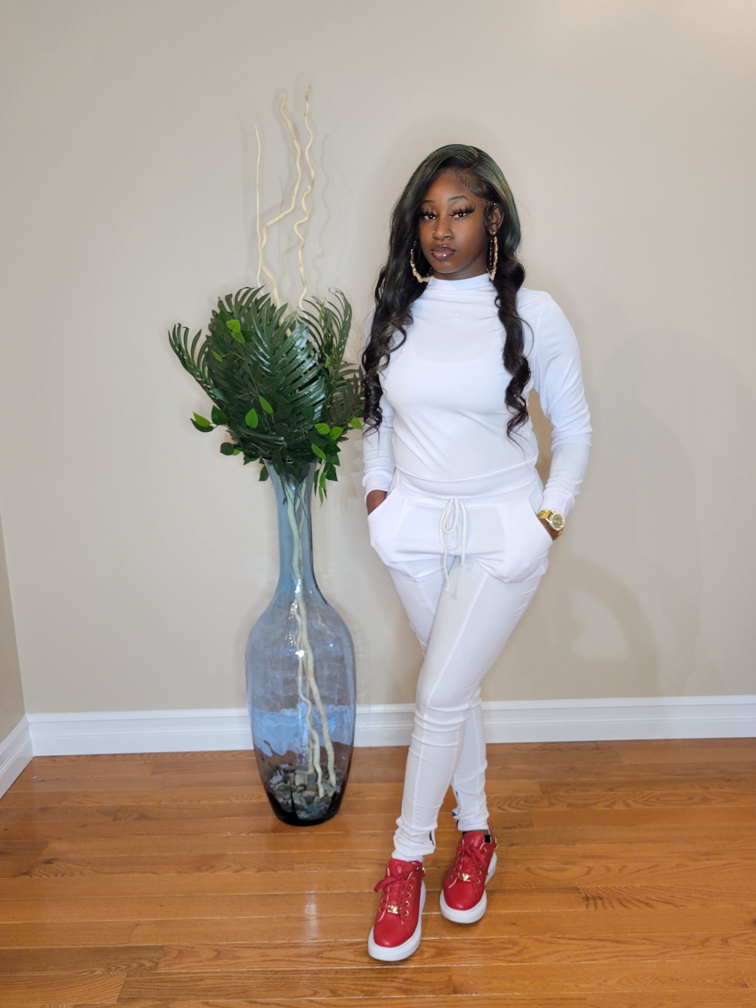 Women's 2-piece Crew Neck high waisted track suit w/ zippered leg long sleeve (white)