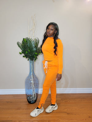 Women's 2-piece Crew Neck high waisted track suit w/ zippered leg long sleeve (orange)