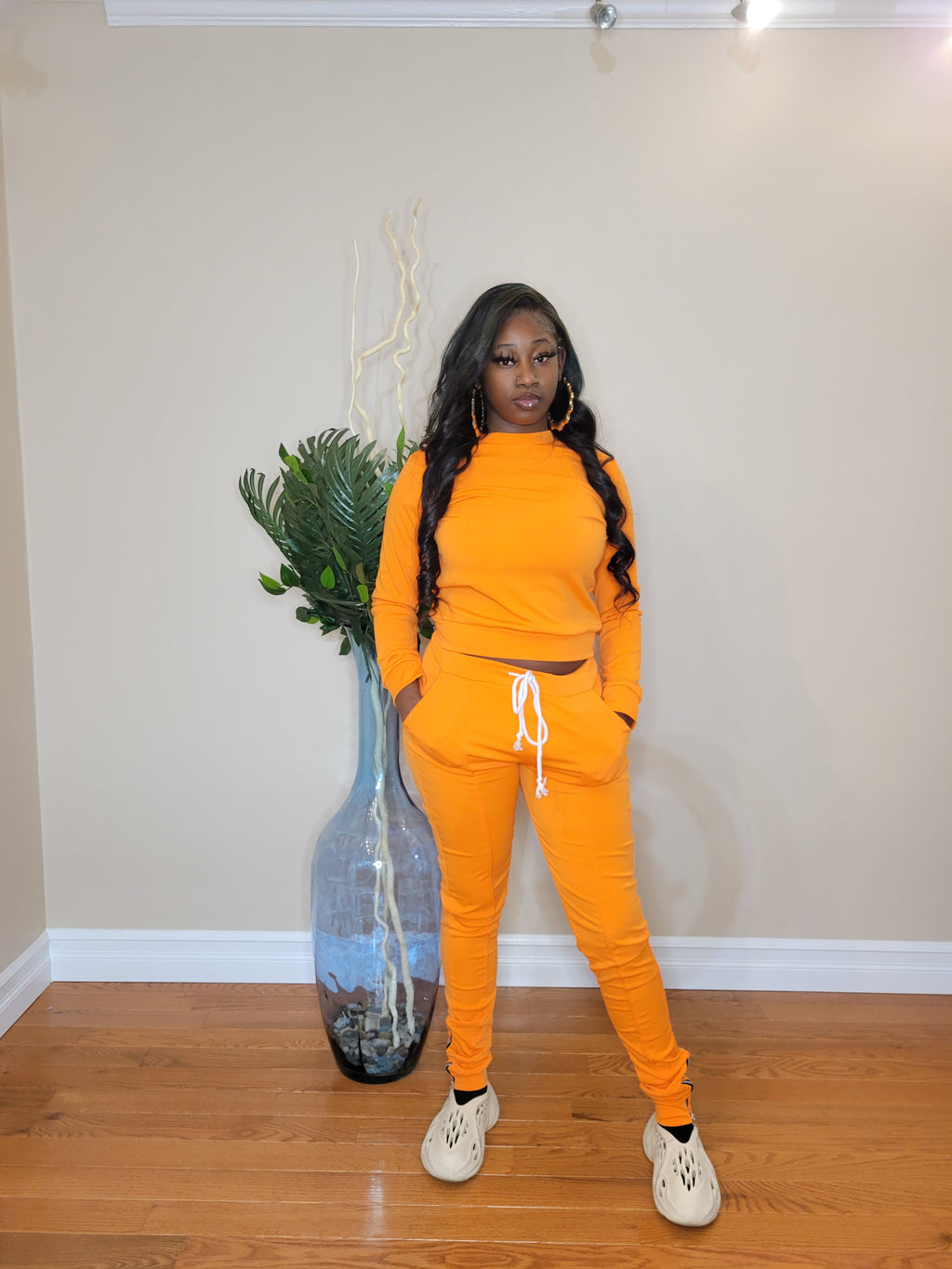 Women's 2-piece Crew Neck high waisted track suit w/ zippered leg long sleeve (orange)