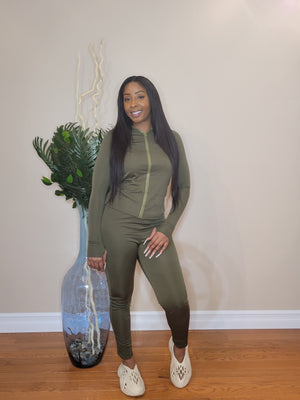 "She's A Track Star" Jogger Set (Olive Green)