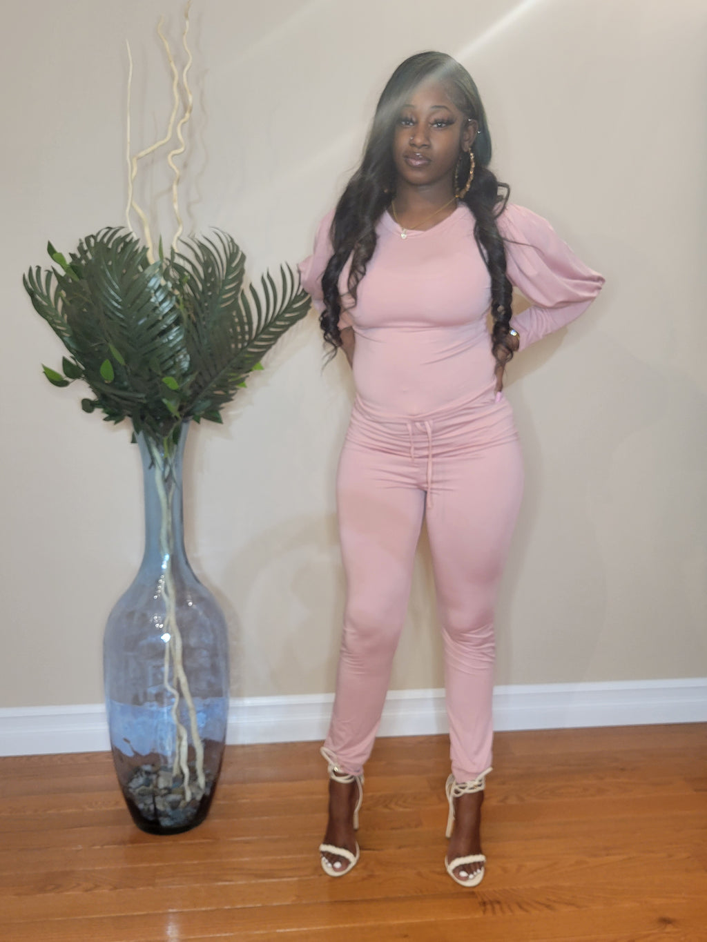 "Balloon Sleeve" 2 Piece Jogger Set (Rose Pink)