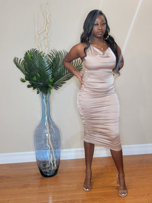 "Signature" Gathered Midi Dress (Mocha)