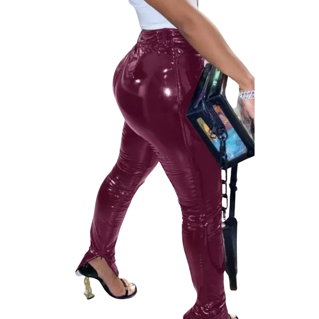 Shiny patent pants with zippered leg (BURGUNDY)