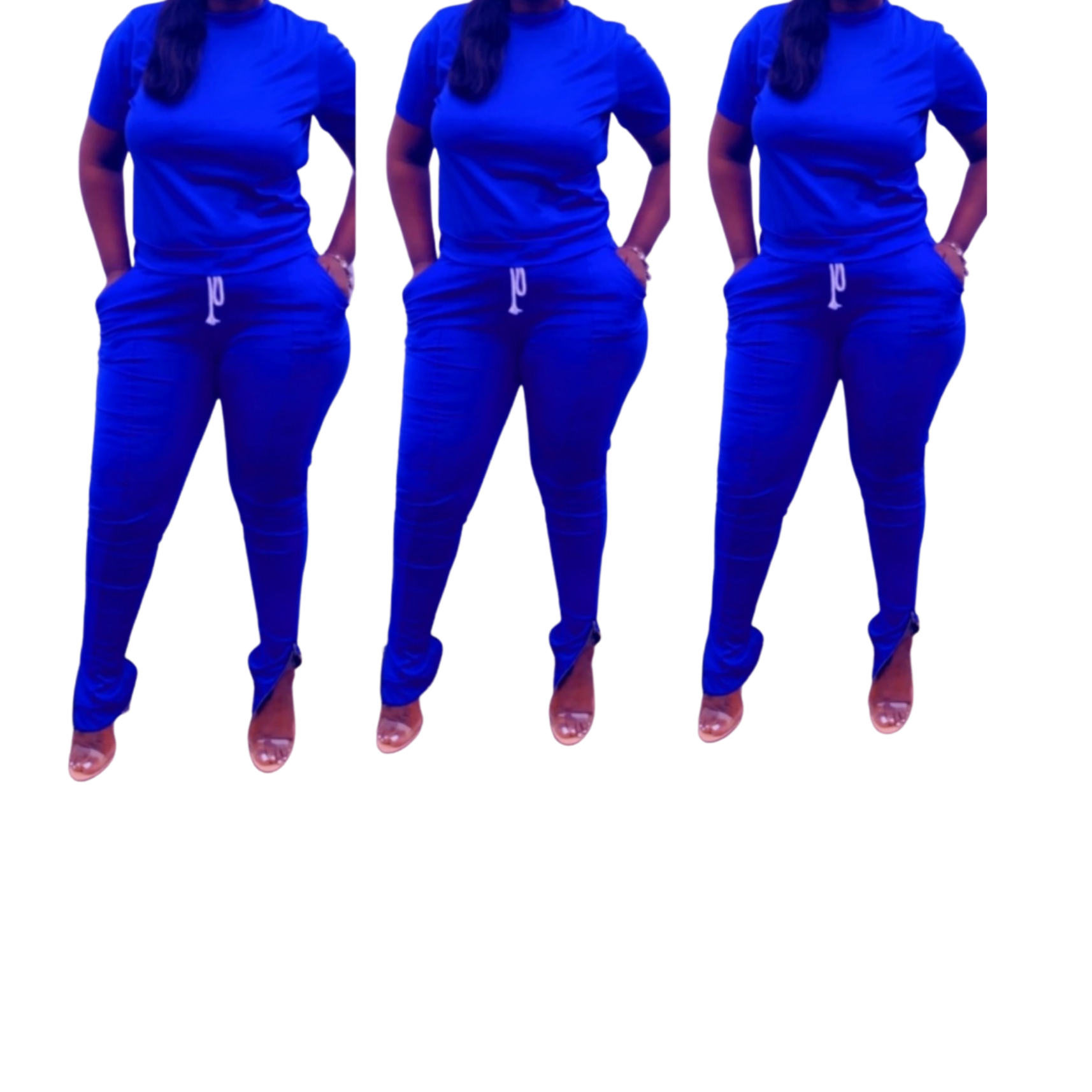 Women's 2-piece short sleeved high-waisted track suit w/ zippered leg-  Blue