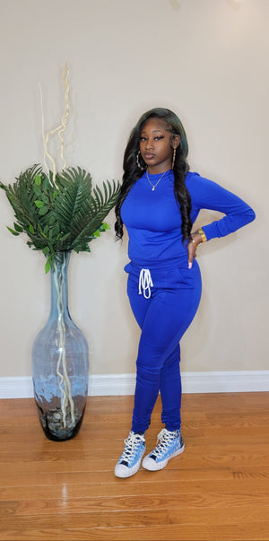 Women's 2-piece Crew Neck high waisted track suit w/ zippered leg long sleeve  (ROYAL BLUE)