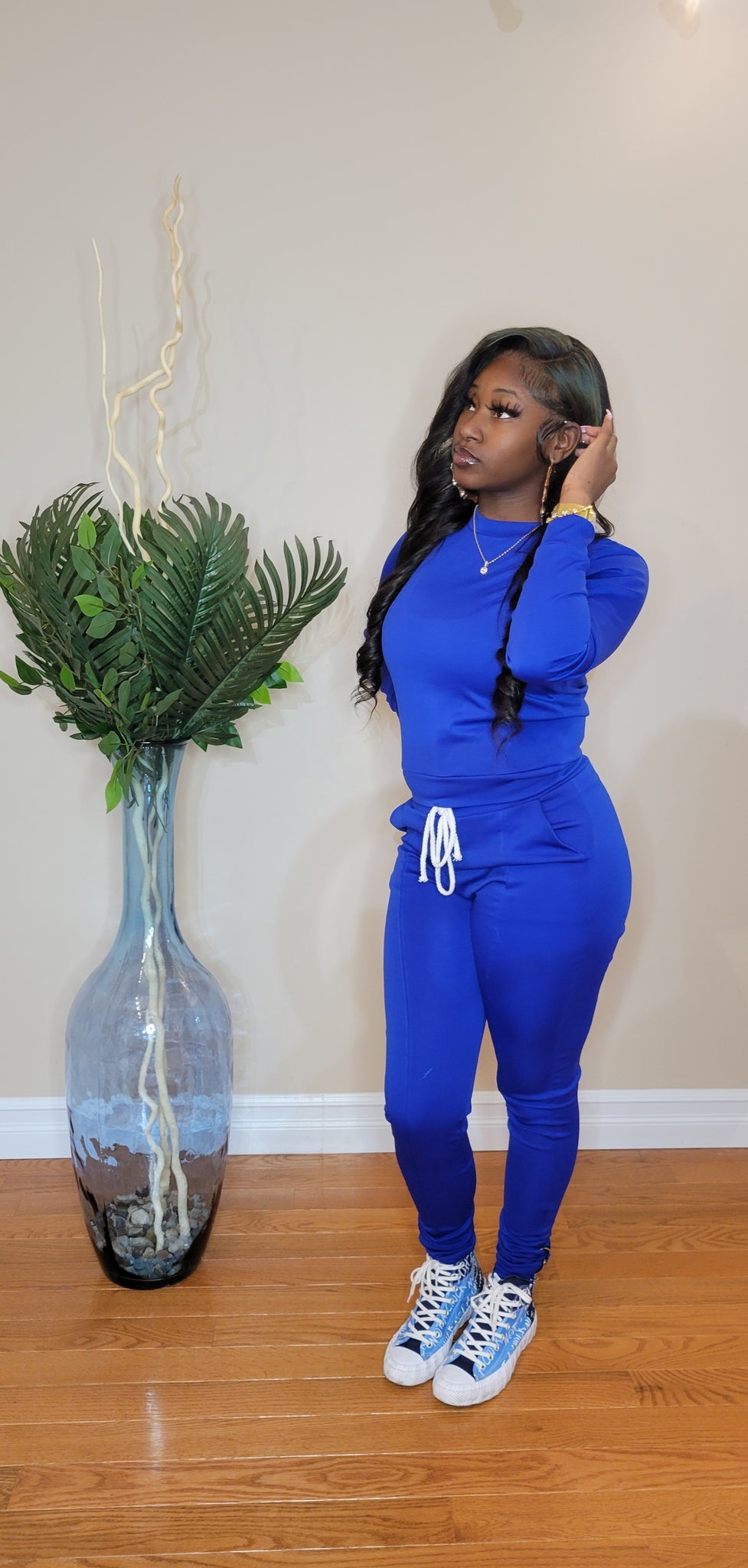 Women's 2-piece Crew Neck high waisted track suit w/ zippered leg long sleeve  (ROYAL BLUE)