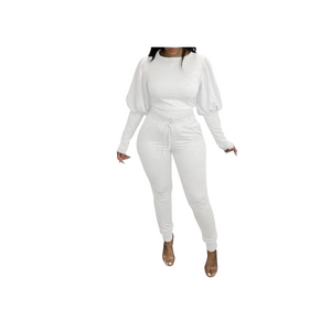 "Balloon Sleeve" 2 Piece Jogger Set (White)